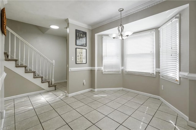 1206 Mabry Mill Pl, Chesapeake, VA 23320 - unfurnished dining area featuring tile patterned floors, a chandelier, ornamental molding, and stairway