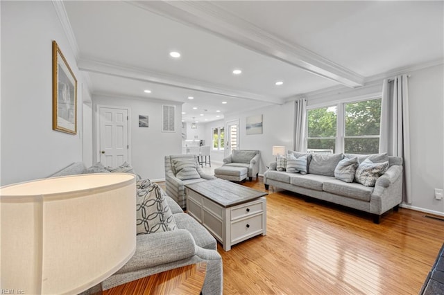 929 Magnolia Ave, Norfolk, VA 23508 - living room with crown molding, light wood finished floors, beamed ceiling, and recessed lighting