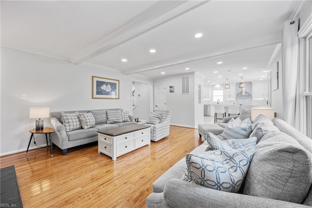 929 Magnolia Ave, Norfolk, VA 23508 - living area with light wood-style floors, beam ceiling, recessed lighting, and ornamental molding
