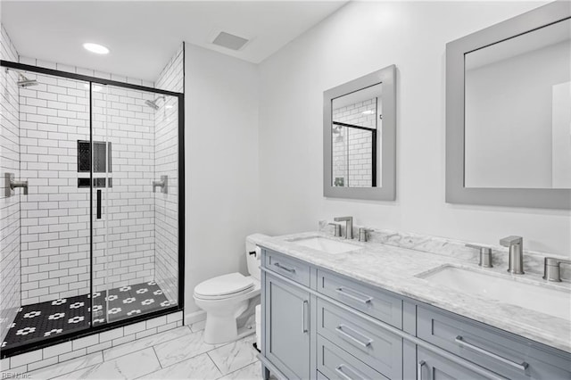929 Magnolia Ave, Norfolk, VA 23508 - bathroom featuring double vanity, a stall shower, marble look tile flooring, and recessed lighting