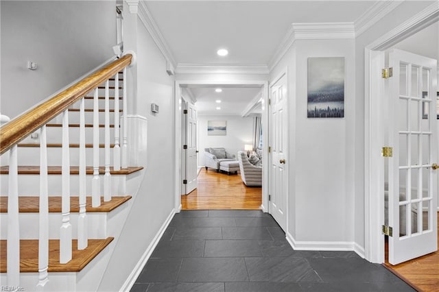 929 Magnolia Ave, Norfolk, VA 23508 - hall featuring stairs, dark tile patterned floors, crown molding, and recessed lighting