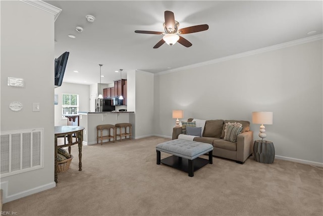 619 Muddy Creek Rd, Chesapeake, VA 23324 - living room featuring ornamental molding, light carpet, a ceiling fan, and recessed lighting