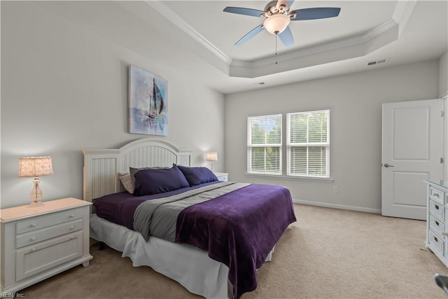 619 Muddy Creek Rd, Chesapeake, VA 23324 - bedroom with ornamental molding, light carpet, a tray ceiling, and ceiling fan