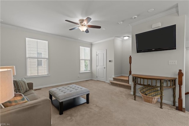 619 Muddy Creek Rd, Chesapeake, VA 23324 - living area featuring light colored carpet, crown molding, a ceiling fan, stairway, and recessed lighting