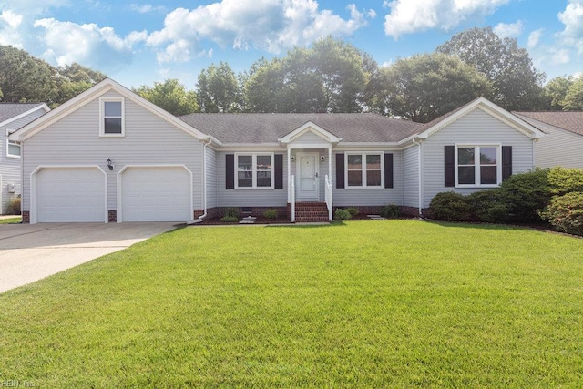 633 Aguila Dr, Chesapeake, VA 23322 - single story home featuring an attached garage, driveway, a front lawn, roof with shingles, and crawl space