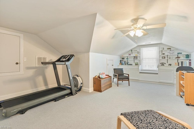 633 Aguila Dr, Chesapeake, VA 23322 - exercise area featuring lofted ceiling, light colored carpet, and a ceiling fan