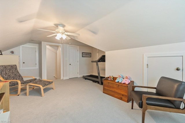 633 Aguila Dr, Chesapeake, VA 23322 - living area with light carpet, a ceiling fan, and vaulted ceiling