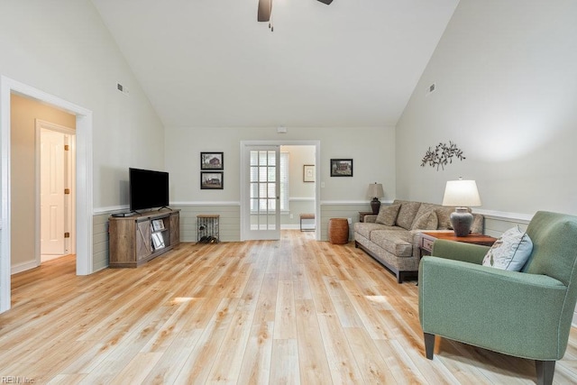 633 Aguila Dr, Chesapeake, VA 23322 - living room featuring high vaulted ceiling, light wood-type flooring, and ceiling fan