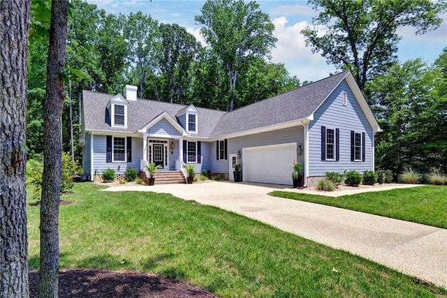 3 Menife Ct, Williamsburg, VA 23188 - cape cod home featuring an attached garage, concrete driveway, a front lawn, and a chimney