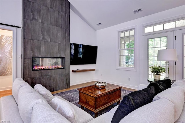3 Menife Ct, Williamsburg, VA 23188 - living room featuring lofted ceiling, wood finished floors, and a large fireplace