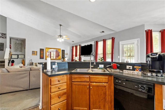1058 Hillpoint Rd, Suffolk, VA 23434 - kitchen with black dishwasher, open floor plan, dark countertops, lofted ceiling, and a ceiling fan