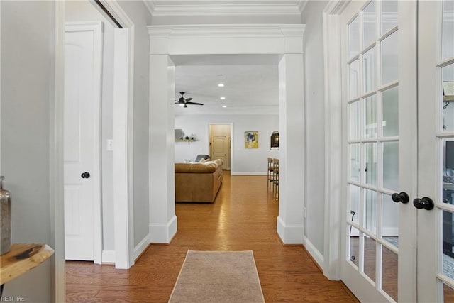 3216 Meanley Dr, Chesapeake, VA 23323 - hall featuring ornamental molding, wood finished floors, french doors, and recessed lighting