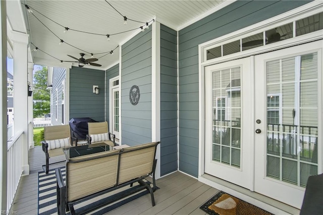 3216 Meanley Dr, Chesapeake, VA 23323 - wooden deck featuring french doors, an outdoor hangout area, and a ceiling fan