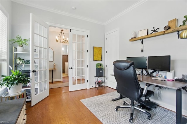 3216 Meanley Dr, Chesapeake, VA 23323 - office with french doors, wood finished floors, crown molding, and a chandelier