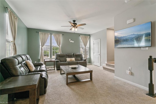 112 Mccormick Pl, Williamsburg, VA 23185 - carpeted living area with ceiling fan and stairs