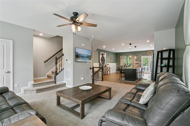 112 Mccormick Pl, Williamsburg, VA 23185 - living room featuring a ceiling fan, recessed lighting, and stairs