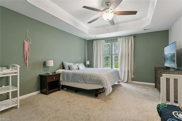 112 Mccormick Pl, Williamsburg, VA 23185 - bedroom featuring a raised ceiling, crown molding, carpet flooring, and ceiling fan
