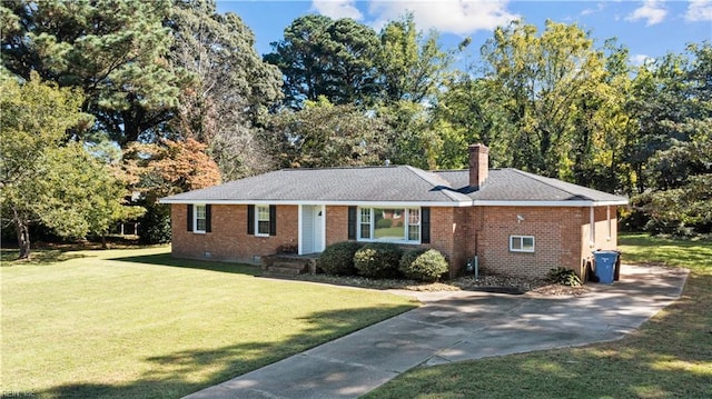 2309 Drum Creek Rd, Chesapeake, VA 23321 - ranch-style house with a front yard, brick siding, a chimney, concrete driveway, and crawl space