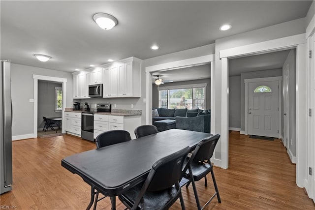 2309 Drum Creek Rd, Chesapeake, VA 23321 - dining area featuring wood finished floors, ceiling fan, and recessed lighting
