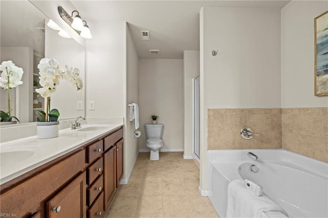 616 Foster Ln, Virginia Beach, VA 23451 - bathroom featuring double vanity, a garden tub, tile patterned flooring, and a shower with door