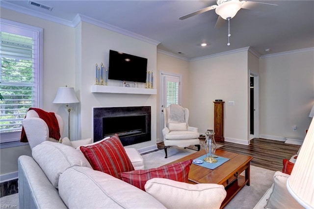 3998 Isaac Cir, Williamsburg, VA 23188 - living area with a premium fireplace, wood finished floors, crown molding, and a ceiling fan