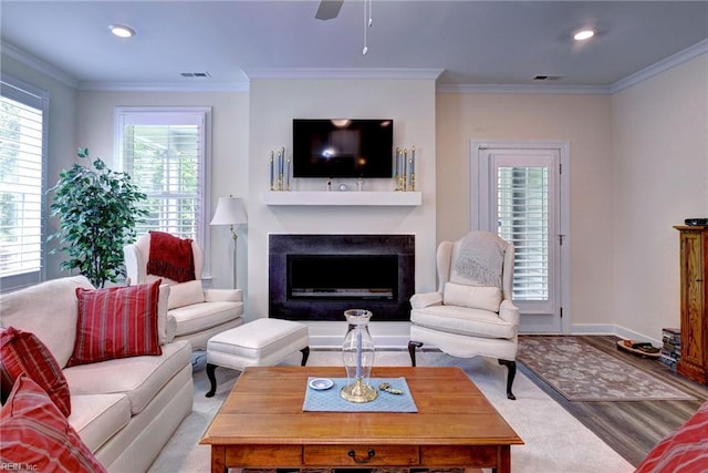 3998 Isaac Cir, Williamsburg, VA 23188 - carpeted living area with a fireplace, ornamental molding, recessed lighting, and a ceiling fan