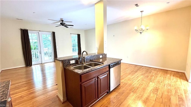 450 W Princess Anne Rd Unit 208, Norfolk, VA 23517 - kitchen featuring dishwasher, light wood-style flooring, dark stone countertops, and a chandelier