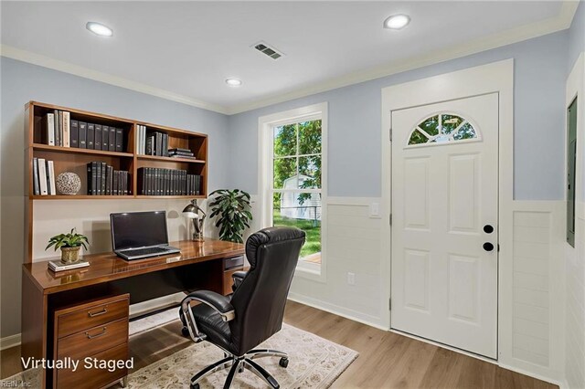 3 Maume Cir, Hampton, VA 23666 - office featuring wainscoting, light wood finished floors, ornamental molding, and recessed lighting