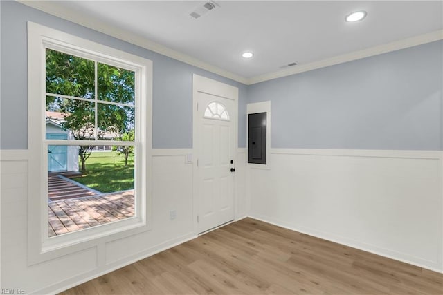 3 Maume Cir, Hampton, VA 23666 - entrance foyer with electric panel, ornamental molding, a wainscoted wall, wood finished floors, and recessed lighting