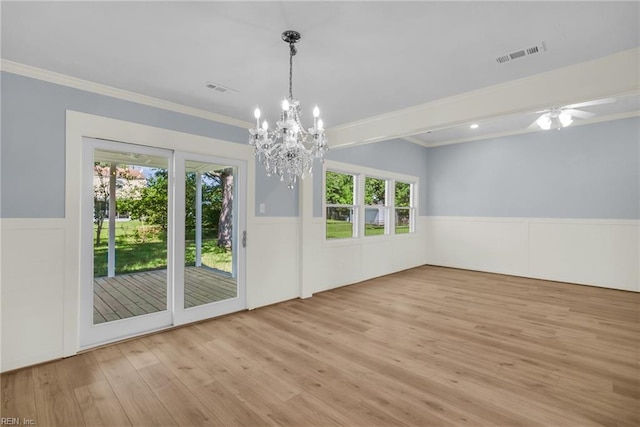3 Maume Cir, Hampton, VA 23666 - unfurnished dining area with wood finished floors, a wainscoted wall, a chandelier, plenty of natural light, and crown molding