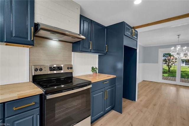 3 Maume Cir, Hampton, VA 23666 - kitchen featuring stainless steel electric range, blue cabinets, butcher block countertops, exhaust hood, and a chandelier