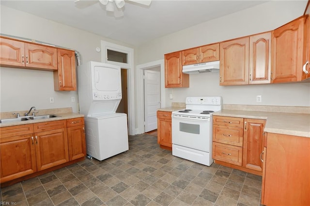 1439 Moultrie Ave, Norfolk, VA 23509 - kitchen featuring white electric range, under cabinet range hood, stacked washer / drying machine, a ceiling fan, and stone finish floors