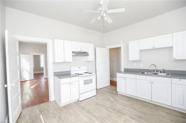 1439 Moultrie Ave, Norfolk, VA 23509 - kitchen featuring electric stove, under cabinet range hood, light wood-type flooring, ceiling fan, and white cabinetry