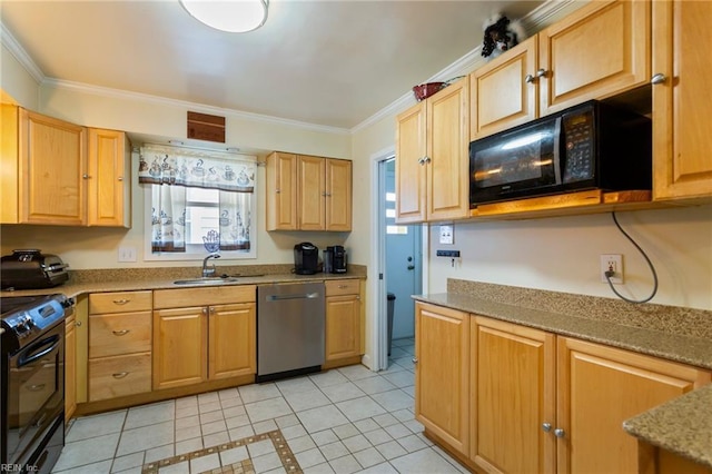 963 Woodrow Ave Unit A, Norfolk, VA 23517 - kitchen with black appliances, light tile patterned floors, ornamental molding, light brown cabinetry, and light stone counters