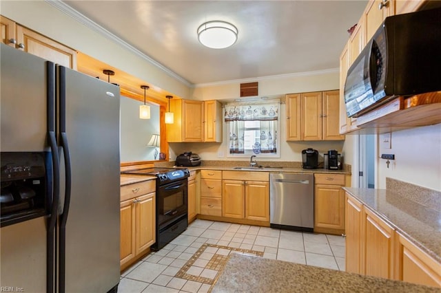 963 Woodrow Ave Unit A, Norfolk, VA 23517 - kitchen featuring black appliances, light tile patterned floors, ornamental molding, hanging light fixtures, and light stone countertops