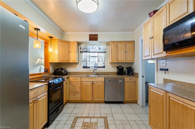 963 Woodrow Ave Unit A, Norfolk, VA 23517 - kitchen with black appliances, light tile patterned floors, ornamental molding, decorative light fixtures, and light brown cabinets