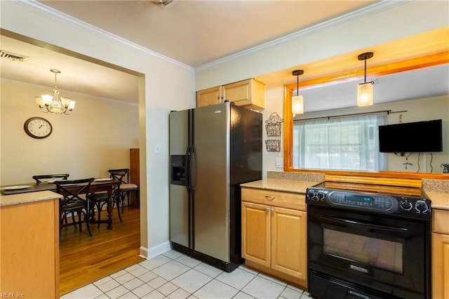 963 Woodrow Ave Unit A, Norfolk, VA 23517 - kitchen featuring black / electric stove, stainless steel fridge with ice dispenser, ornamental molding, a chandelier, and light tile patterned flooring