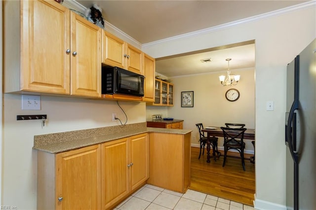 963 Woodrow Ave Unit A, Norfolk, VA 23517 - kitchen with black appliances, crown molding, light tile patterned flooring, glass insert cabinets, and a peninsula