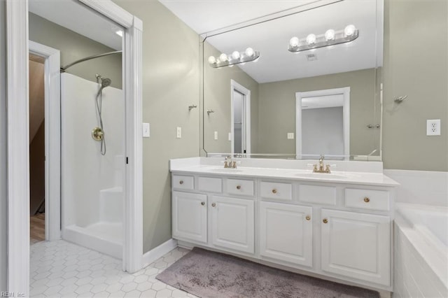 367 Mainsail Dr Unit 23, Hampton, VA 23664 - full bathroom featuring double vanity, a walk in shower, a bathtub, and tile patterned flooring