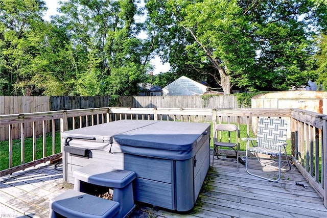 387 Sampson Ave, Hampton, VA 23661 - wooden terrace featuring a hot tub and a fenced backyard