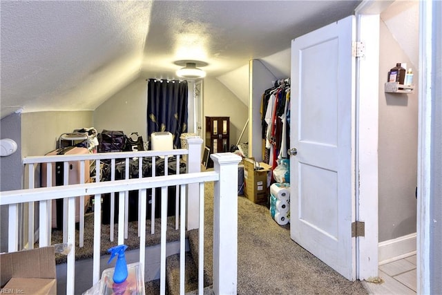 387 Sampson Ave, Hampton, VA 23661 - additional living space featuring lofted ceiling, a textured ceiling, and carpet floors