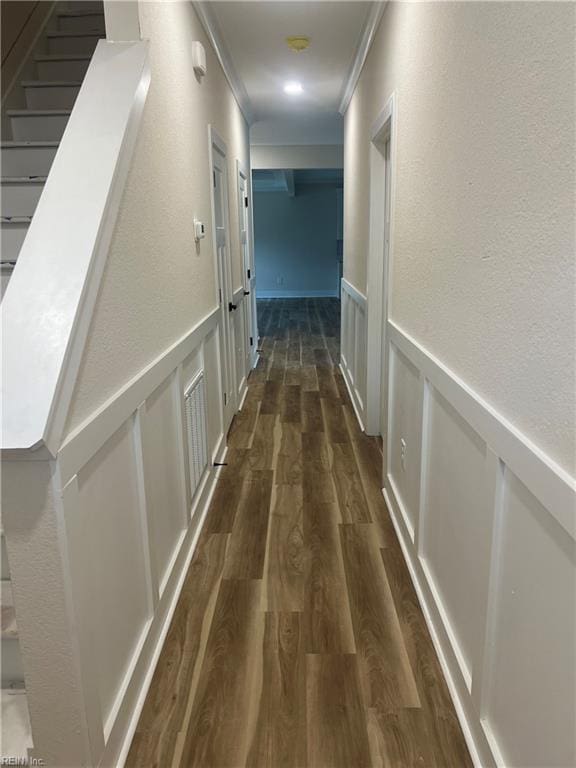 1635 E Bayview Blvd, Norfolk, VA 23503 - corridor with a decorative wall, dark wood-style floors, wainscoting, and ornamental molding