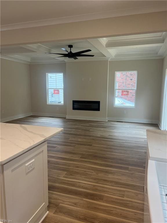 1635 E Bayview Blvd, Norfolk, VA 23503 - unfurnished living room featuring coffered ceiling, dark wood-style flooring, ceiling fan, beam ceiling, and a glass covered fireplace