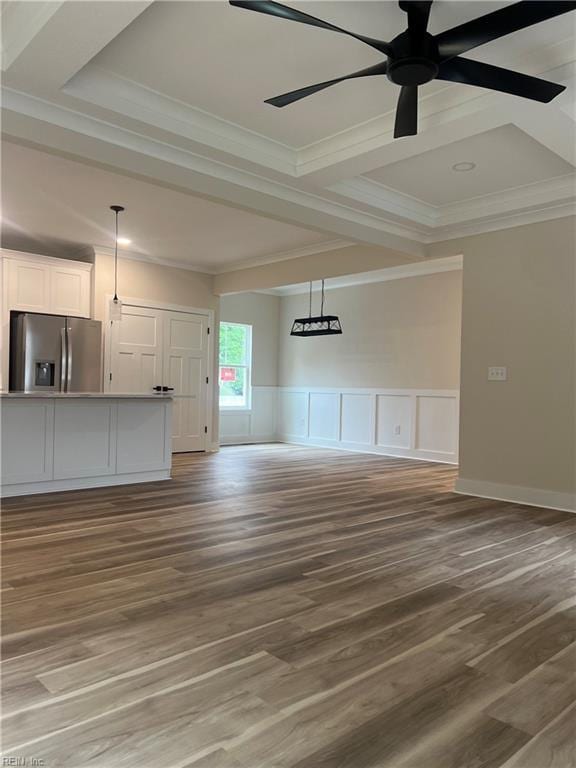 1635 E Bayview Blvd, Norfolk, VA 23503 - unfurnished living room featuring wood finished floors, crown molding, a ceiling fan, beamed ceiling, and a decorative wall