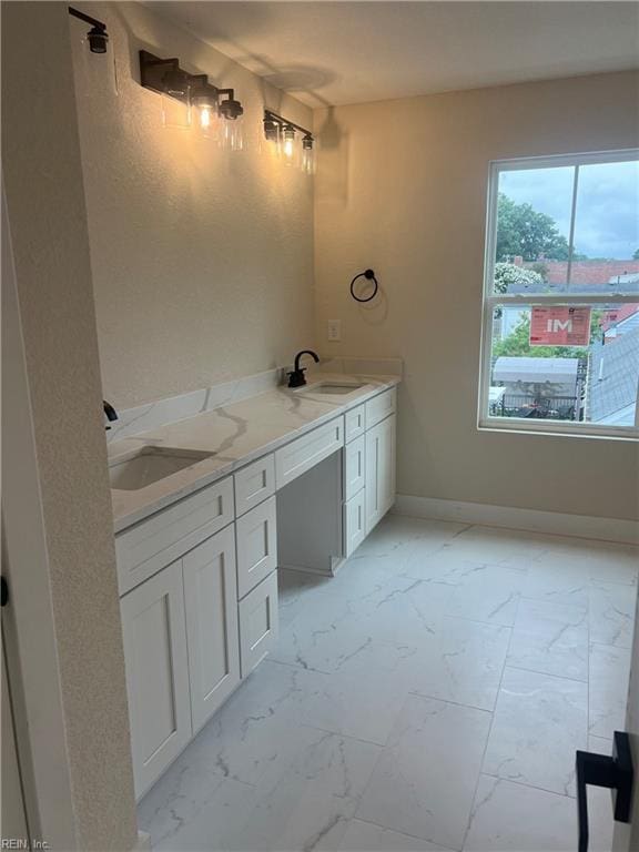 1635 E Bayview Blvd, Norfolk, VA 23503 - full bathroom featuring marble look tiles and double vanity