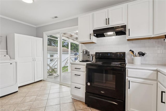 27 Aspenwood Dr, Hampton, VA 23666 - kitchen featuring black range with electric cooktop, under cabinet range hood, washer / clothes dryer, crown molding, and backsplash