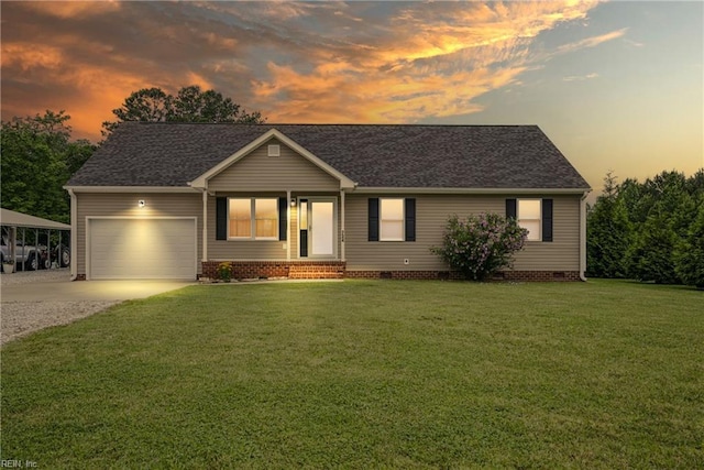 734 Gallbush Rd, Chesapeake, VA 23322 - view of front of home with driveway, crawl space, a garage, and a lawn
