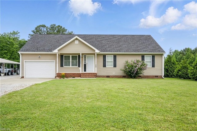 734 Gallbush Rd, Chesapeake, VA 23322 - ranch-style home featuring concrete driveway, crawl space, a front yard, and roof with shingles
