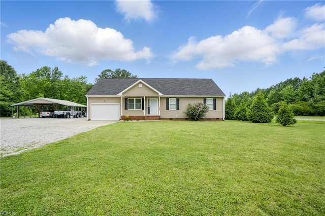 734 Gallbush Rd, Chesapeake, VA 23322 - ranch-style home featuring driveway, a carport, crawl space, a front lawn, and a garage
