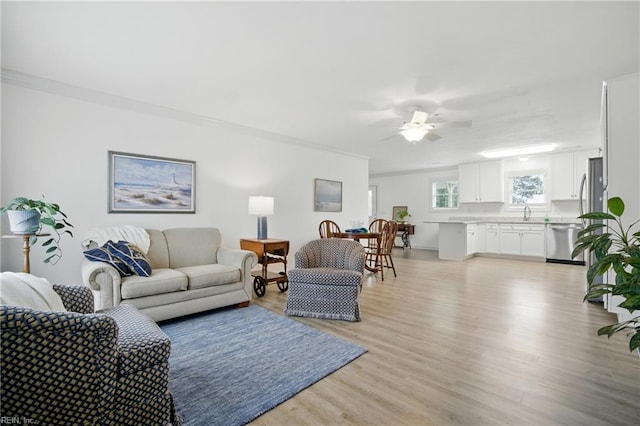 734 Gallbush Rd, Chesapeake, VA 23322 - living room featuring light wood-type flooring, ceiling fan, and ornamental molding
